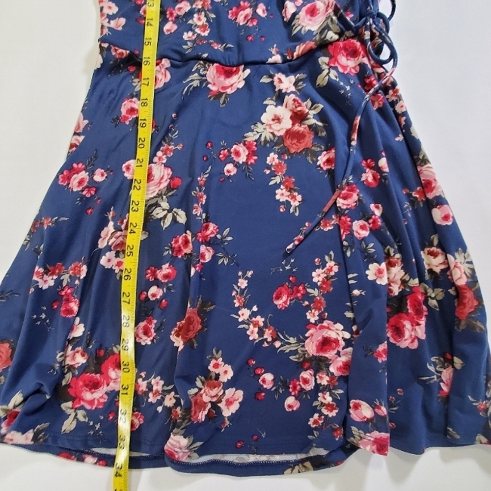 2049 * Iz Byer Floral Faux Wrap Mini Dress Navy Blue Red Size L - Picture 10 of 10